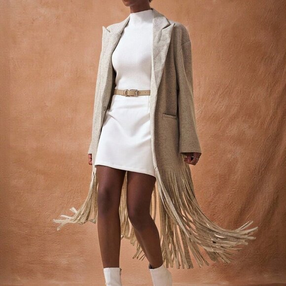 Light Grey Casual Women's Long Sleeves Fringed Hem Tweed Coat - Picture 2 of 8